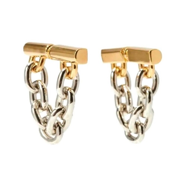 Unique Jewelry - Chunky Chain-Link Earrings Front Back Two Tone Barbel Paco Rabanne STYLE JA31